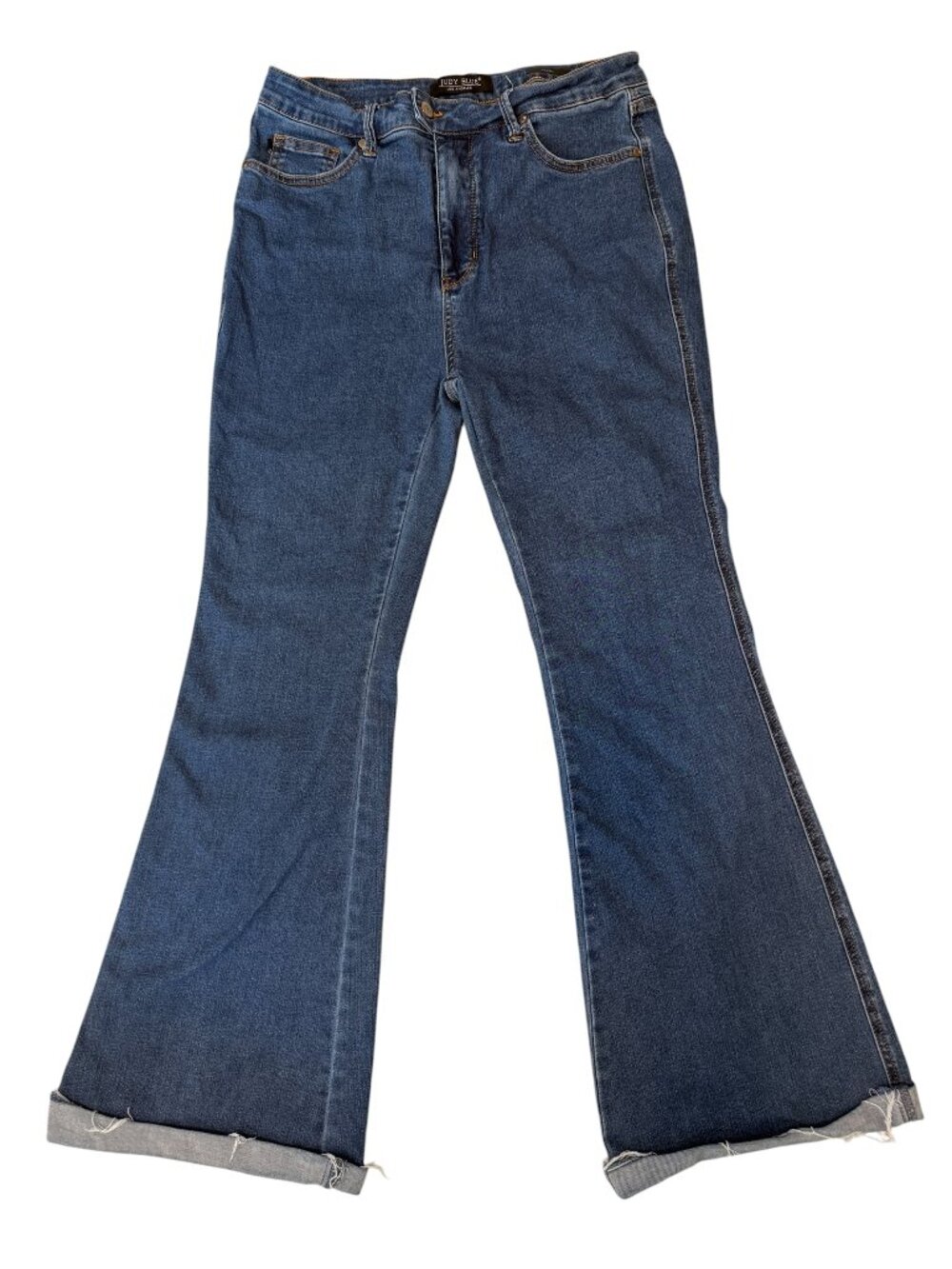 Judy Blue High Rise Flare Leg Dark Wash Raw Hem Stretch Jeans Women's size 15/32